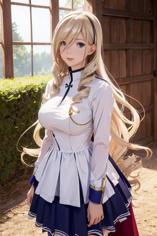 best quality work、ultra high definition, 1 image of a girl, Celia Kumani, wearing a long 17th century dress, Elegant Dress, by rubio, standing on a horseback riding ground, perfect face, Perfect Body, perfect breasts