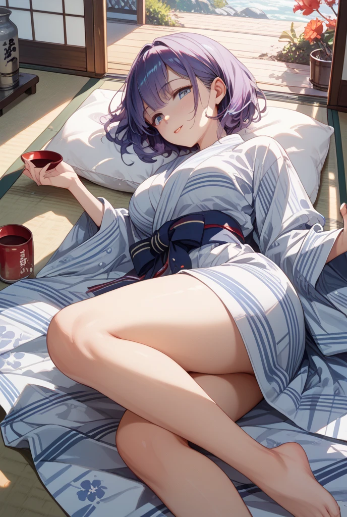28 years old, A beautiful woman,Beautiful breasts,Cleavage,Hot spring inn,Japanese-style room,Hot Spring Yukata,Large futon,Woman lying on her back,Sleep Style