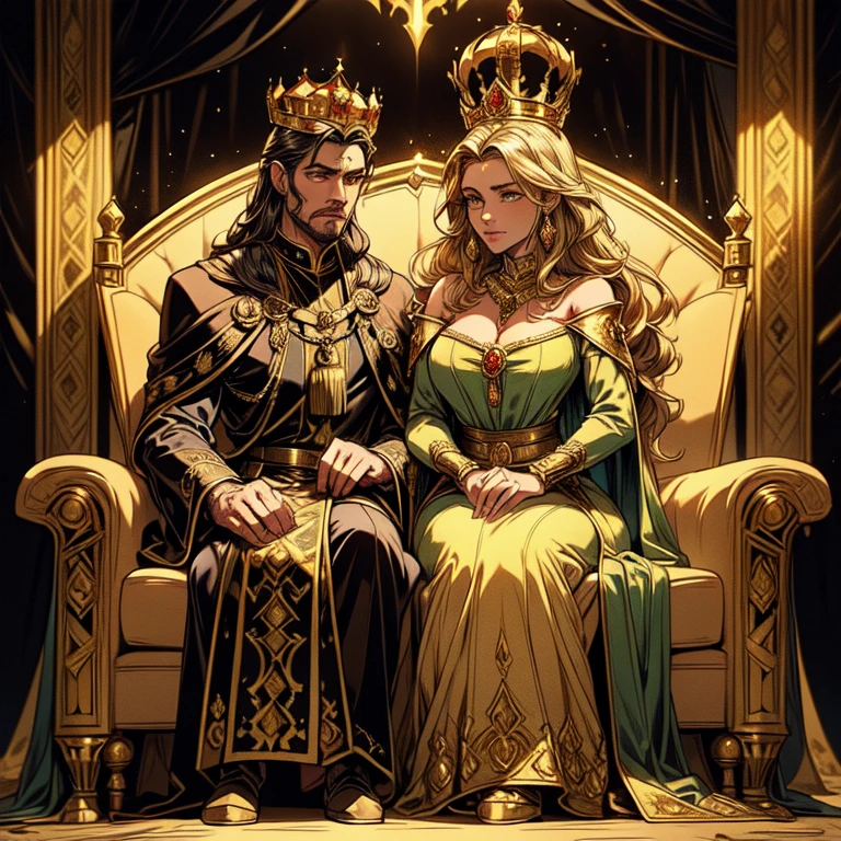 Regal and stately, a majestic king in the throes of passion, mid-age, with a clear, powerful gaze and a muscular physique, tousled golden mane cascading down over broad shoulders, cupping a voluptuous queen with one hand, the other hand trailing down the curvaceousform, both bodies adorned with golden bracelets and glowing under soft, ethereal lighting, a theme of passion and power, hyperrealistic, luscious, sensual, vibrant color palette, contrasting textures, combination of oil painting and digital art, 8k, artstation, deviantart, dribble, redbubble, teepublic.