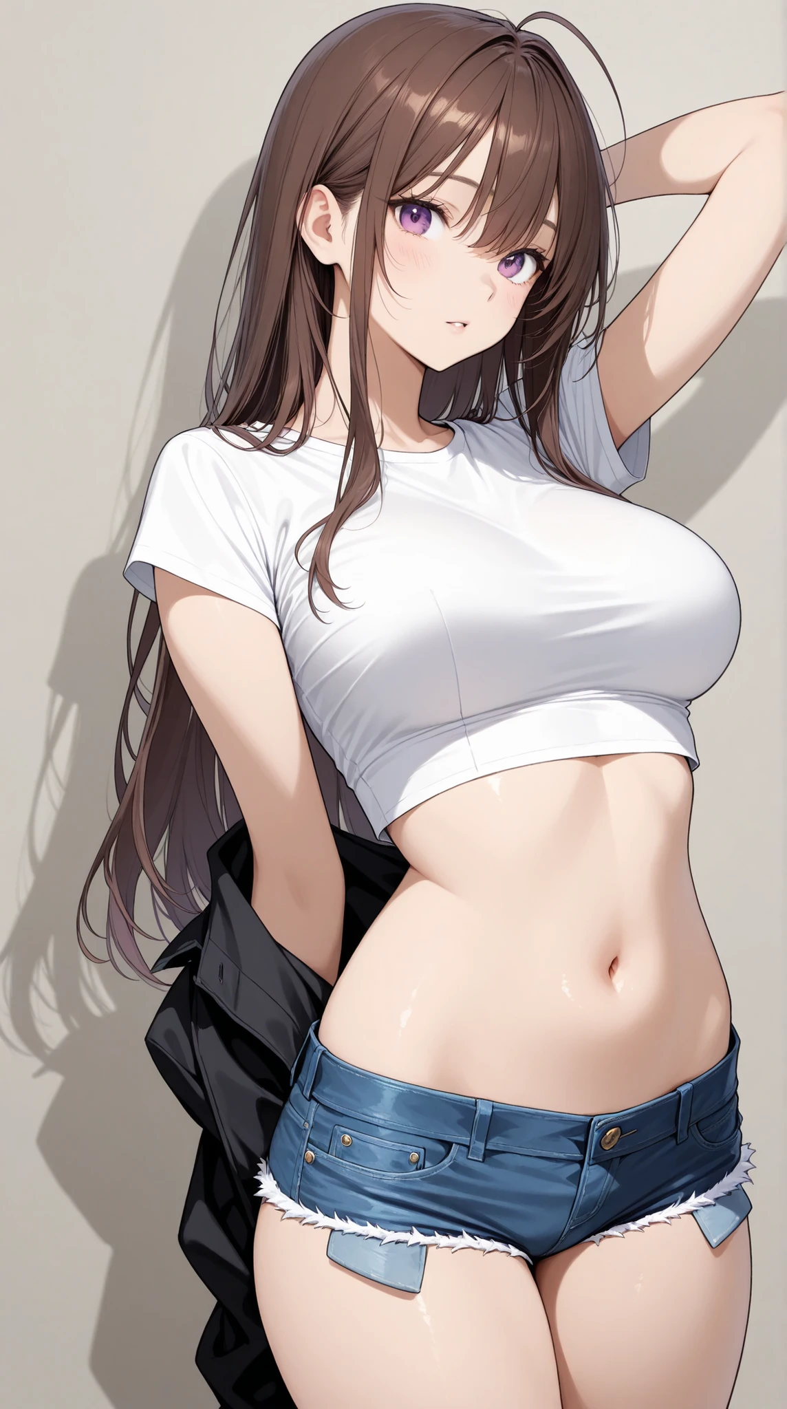 ((absurderes)), ((best qualtiy)), ((tmasterpiece)), ((Simon Bisley)), (((Wemple))), Beautiful elegant anime woman and small breasts wearing white fashion sleeveless top and dark skinny denim hot pants, Bare arms and hands,Erection of ,See-through installation, whaite hair, 30 years old, Toned tall body, Two-piece costume, Ring earrings, cute face, Sexy standing pose, with black background, Grayscale images, Colorless lighting