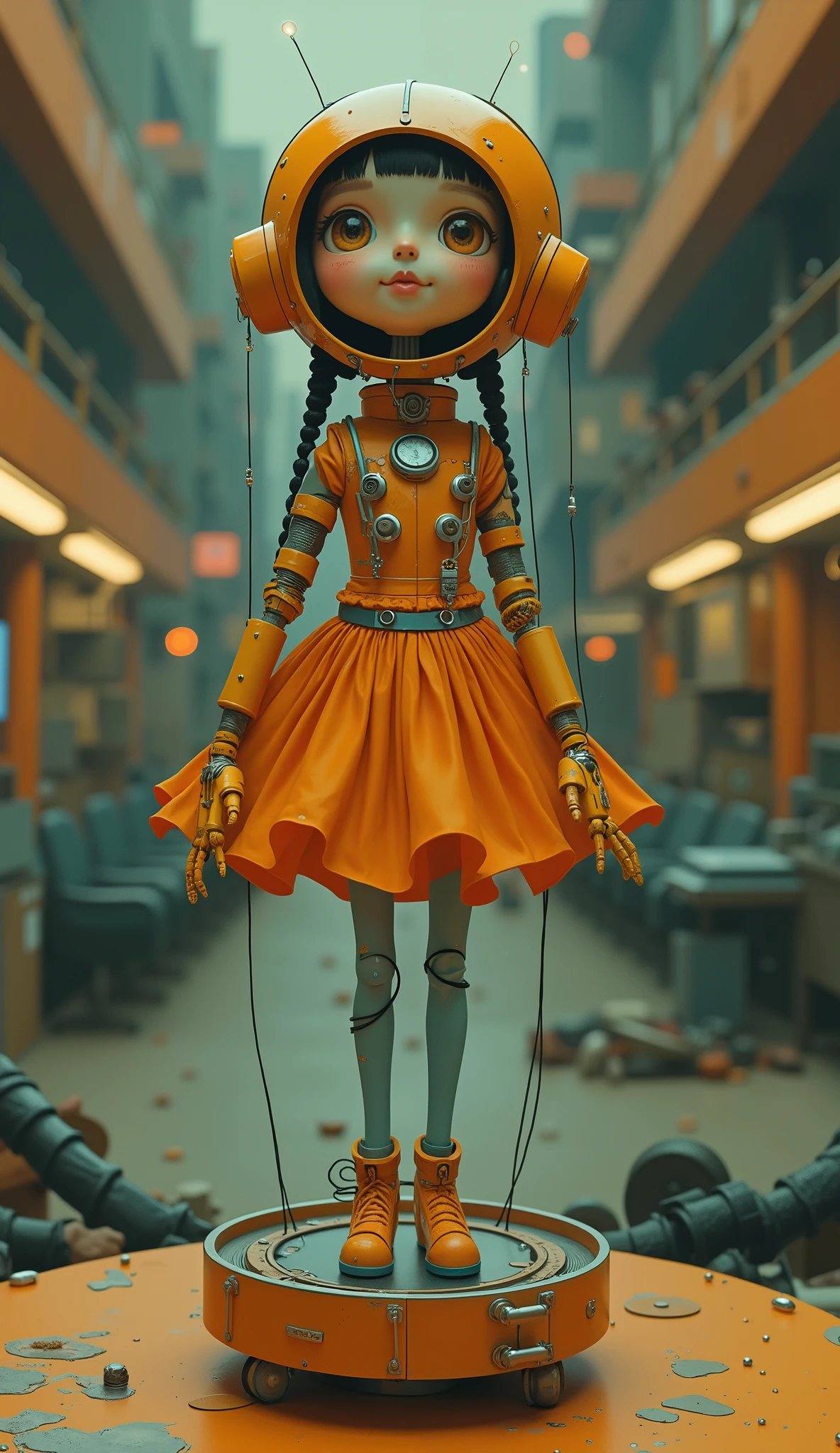 character design, MECHANICAL DOLL DESIGN . (full body), (Happy dancing doll in a mechanically made retro spacesuit standing on a glass music box), wire pulling fingers, thin, precise mechanical wooden limbs, (lots of wires from the sky connecting fingers to thin legs: 1.3), (light trail wrapping the wooden rotating base of a glass music box), Cute and beautiful cartoon faces, super long red double strand braided hair, bluish orange skirt, exquisite! Simple machine body, Clockwork, Gear, Electric device, Machine, background: futuristic cyberpunk SF concert hall beautiful details. 8k, Super Detail, realistic, high definition, ray tracing.