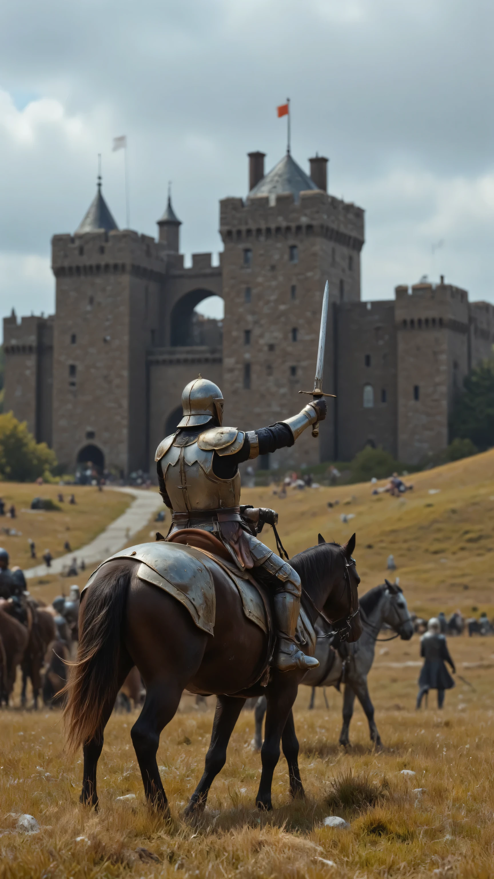 high-definition images、realistic footage of King Arthur and the Knights of the Round Table、On the prairie in front of the castle gate、King Arthur and Lancelot wear armor 、兜は被らずに、pull out a sword and fight to protect the city from marauders、Many Enemies、They both ride horses(fight scene、King Arthur raises his sword and cuts through、Lancelot draws a bow)、in a movie-like panorama。