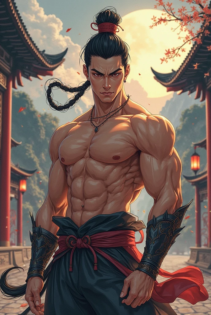 korean teen anime boy, , with super long silky hair, cute, beautiful, toned body, nice abs, slender, shirtless, eastern medieval era, in martial arts school, has superhuman strength, practicing sword.Light Smile.