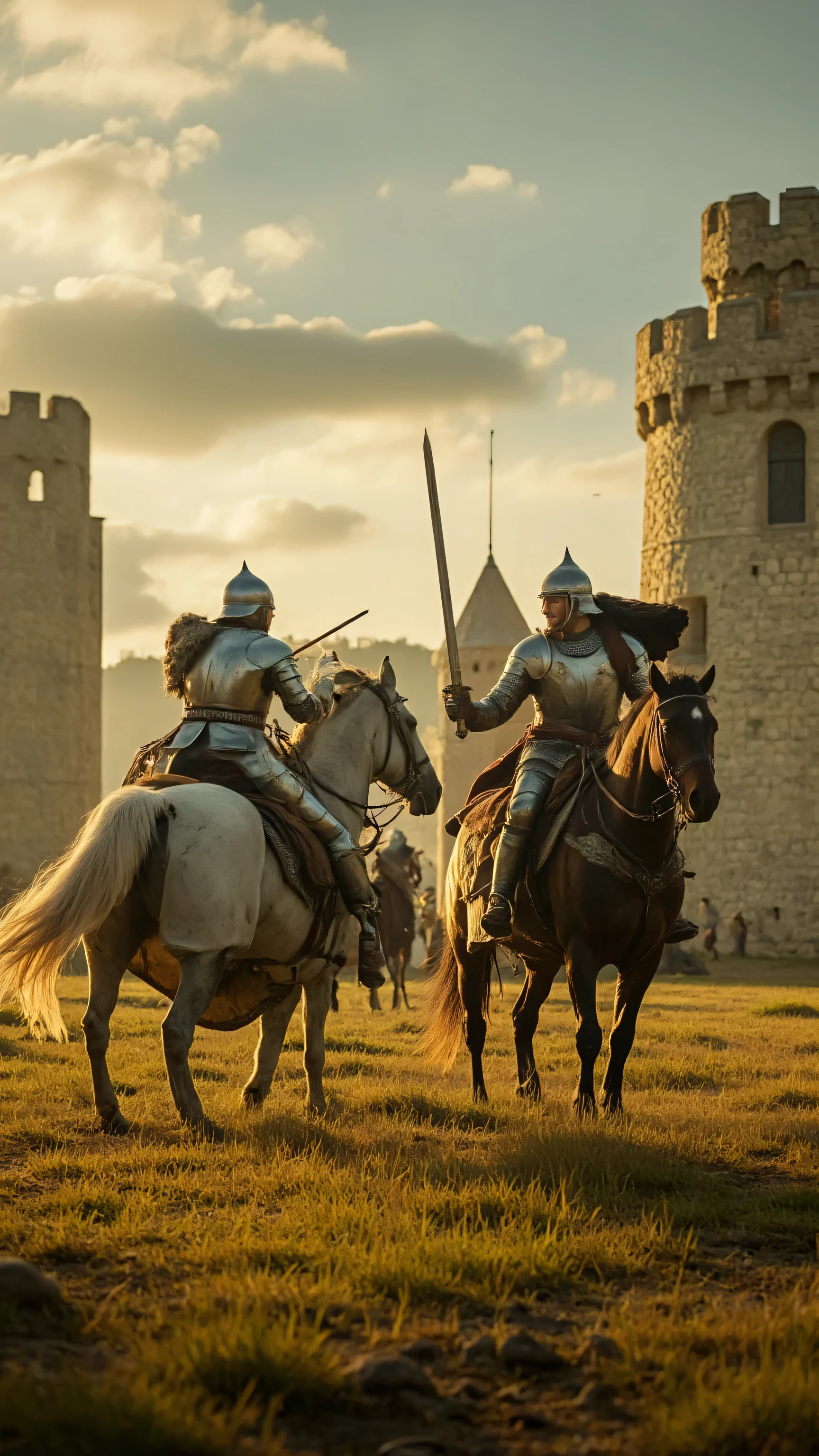 high-definition images、realistic footage of King Arthur and the Knights of the Round Table、On the prairie in front of the castle gate、King Arthur and Lancelot wear armor 、兜は被らずに、pull out a sword and fight to protect the city from marauders、Many Enemies、They both ride horses(fight scene、King Arthur raises his sword and cuts through、Lancelot draws a bow)、in a movie-like panorama。