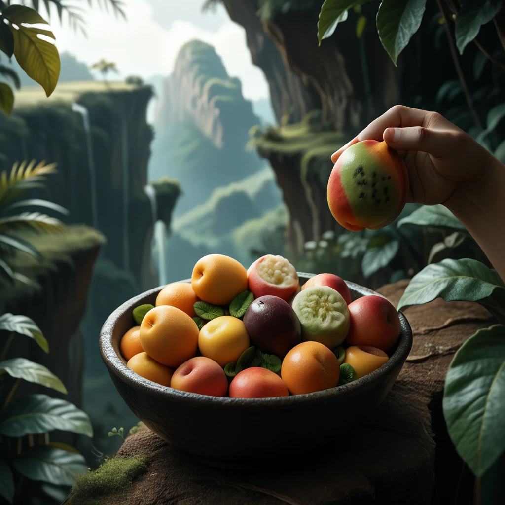 close up of a toucan, ((Toucan Sam)), very realistic, looking down at a bowl of fruit loops, at the edge of a cliff, ((bowl filled with fruit loops cereal nearby)), female black and white toucan flying off in the distance, semi-blurred, jungle setting, 