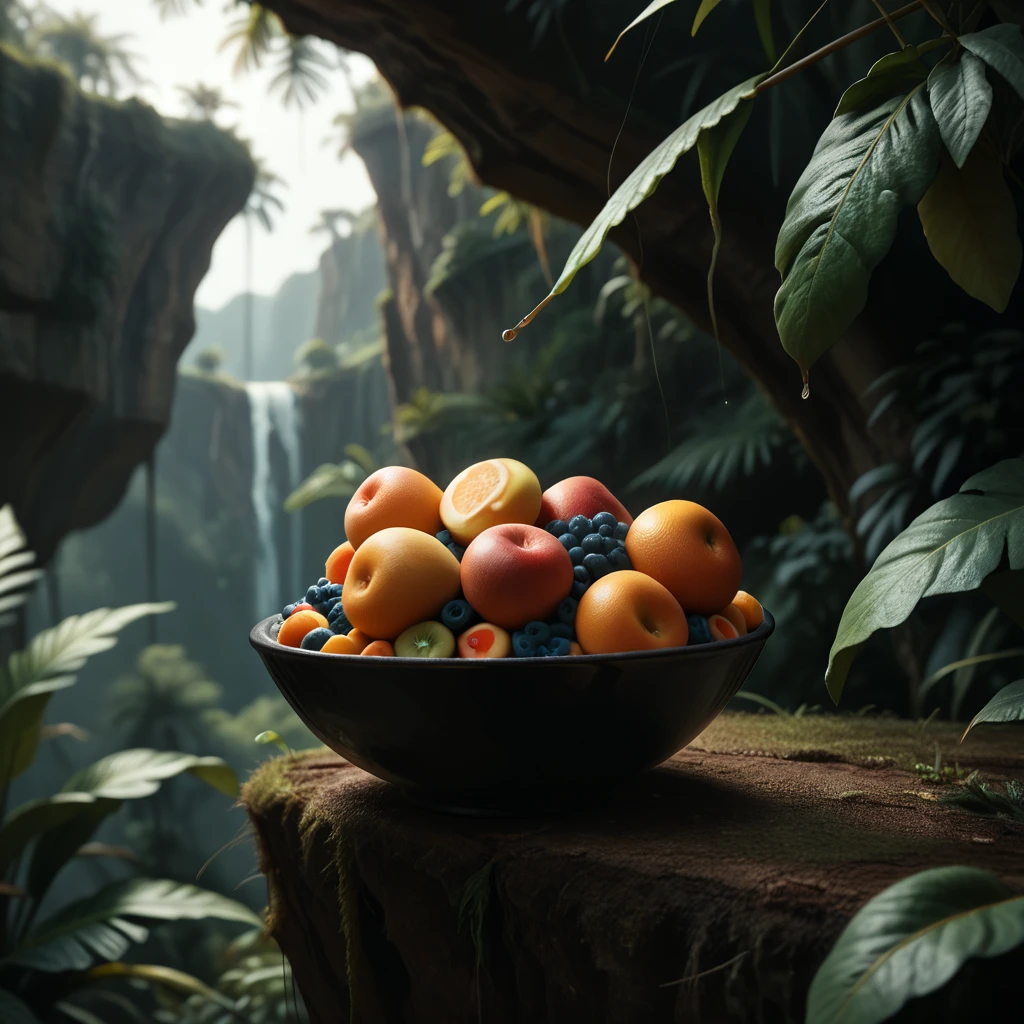 close up of a toucan, ((Toucan Sam)), very realistic, looking down at a bowl of fruit loops, at the edge of a cliff, ((bowl filled with fruit loops cereal nearby)), female black and white toucan flying off in the distance, semi-blurred, jungle setting, 