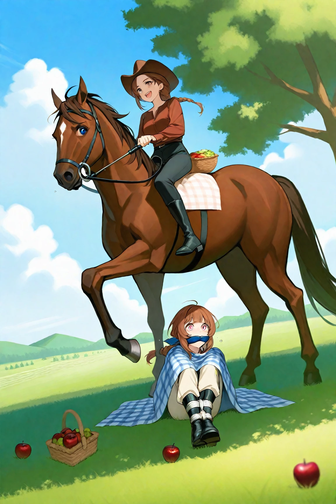 Tall slim brunette woman, She has long hair, hair up, hairstyle with side bangs. , big brown eyes eyelashes not very long, oval face short thin eyebrows , .He is wearing a green exploration lejin-style cape.,a white pantalon. Rides a horse in the field green grass and blue sky 