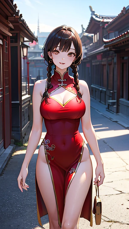 Photorealistic, best quality, high res, meticulous detail, a hot beautiful busty ponytail woman wearing fancy dress outdoor, big breast, big hips, long legs, sexy, blushing face, embarrassed, revealing pose