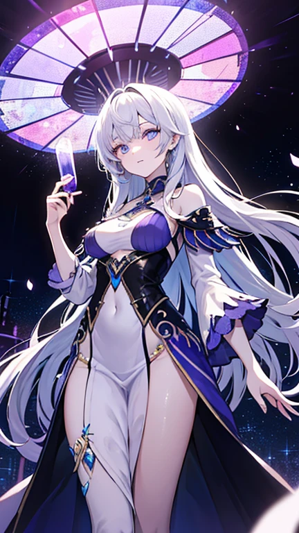 (Masterpiece, excellent picture quality, delicate CG, beautiful eye details, ultra-detailed, complex details: 1.1), 8k wallpaper, exquisite facial features, (1girl, solo: 1.4), long hair, striped hair, (elf, aura: 1.3), exquisite eyes, glowing eyes, earrings, panties, anklets, chest, necklace, magic wand, (purple flame: 1.3, feathers, (magic circle, magic ball: 1.3), (flying paper in the air: 1.4) , magic circle, spell, night, darkness, (prismatic hair, 1.4) starry background, (colorful splash: 1.3), splash art, real lighting, cool magic special effects, high saturation, extreme color, (white particles that are illuminated Surround the whole body: 1.3)