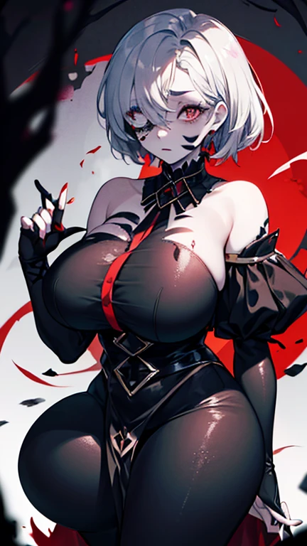 Female, vampire, black dress,sexy body, huge breasts and huge ass, thicc thighs, short white hair with red dye on the tips of my hair, red eyes,has a forked tounge, net leggings,pale skin, Gothicc sucking a eggplant