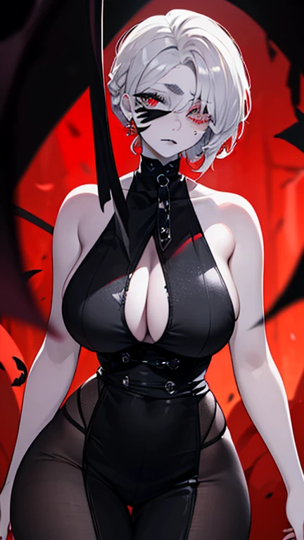 arlecchino, genshin impact, mature woman, mature face, hot face, emotionless face, (red pupils, X shaped pupils), sharp eyes, (cool beauty), white hair, mature body, dominant, living room, raising arms, hands behind head, armpits exposed