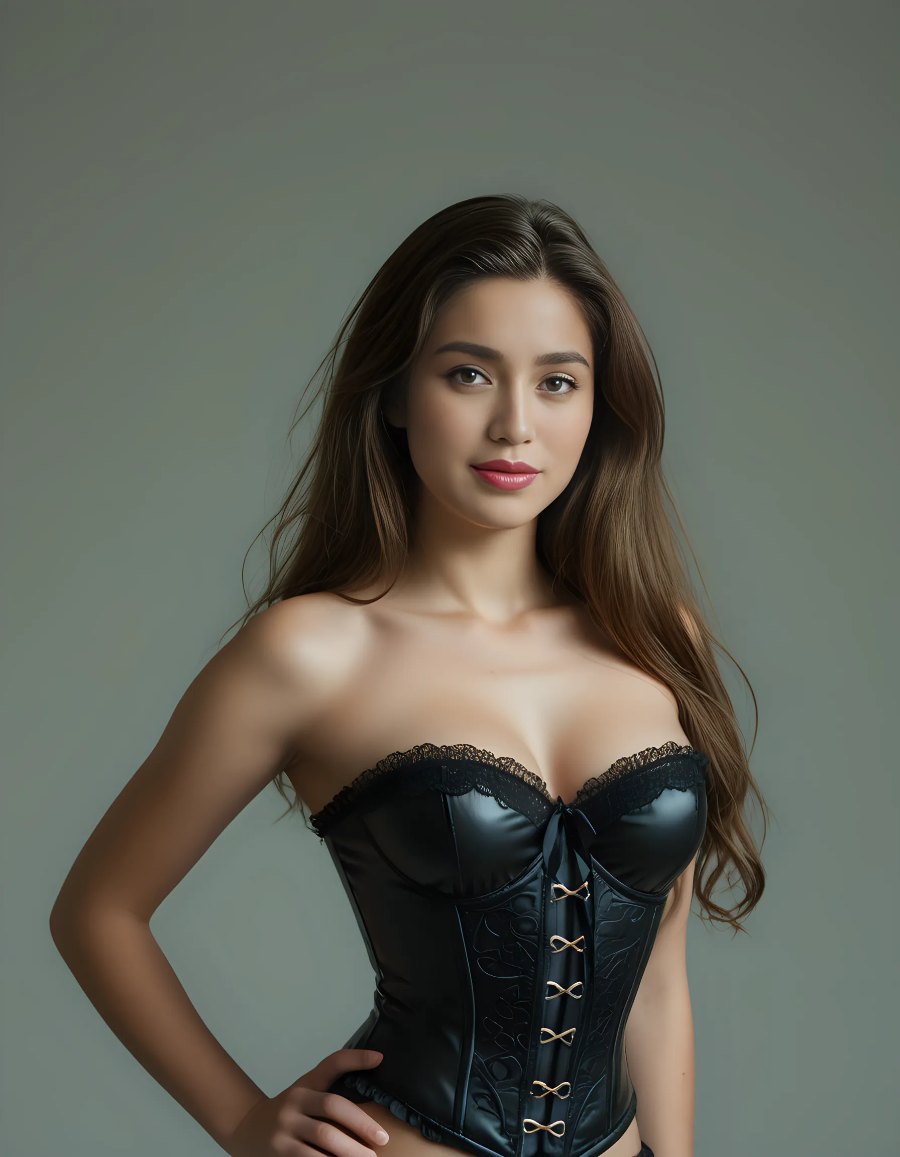 (best quality,4k,8k,highres,masterpiece:1.2),ultra-detailed,(realistic,photorealistic,photo-realistic:1.37),beautiful eyes,beautiful lips,detailed face,red lipstick,gorgeous woman, sexy black leather dress, sexy elegant fashion model, sexy elegant look,long eyelashes,confident expression,flawless skin,posing gracefully sexy,head to stomach shot, black leather strapless mini corset,bare stomach,sexy naked medium Breasts,flowing fabric,soft and silky material,graceful movement,vibrant colors,artistic lighting,studio photo shoot, dreamy atmosphere