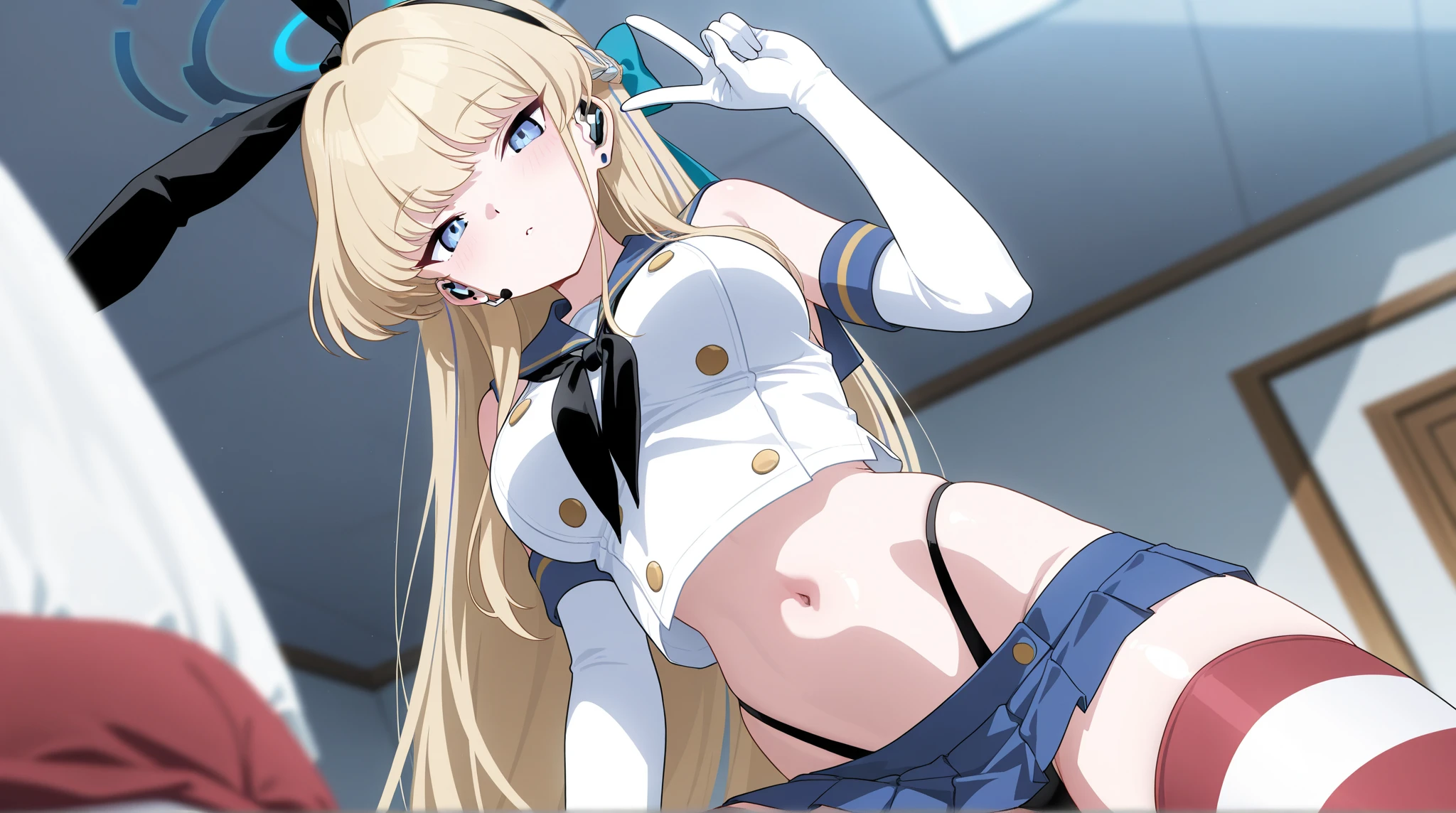 best quality, amazing quality, very aesthetic, absurdres, 1girl, toki (blue archive), blue archive, blue eyes, (artist official art:1.5), (realistic face), (reverse bunnysuit, reverse outfit, shiny rabbit ears headband, detached collar, bowtie, pink pasties, topless, tight sleeves, (black) puffy long sleeves: 1.2), casino, lying on her side, raise leg, spread legs), (cowboy shot), (concept art:1.3), from above, expressive eyes, perfect face, 4k, extremely detailed anime illustration, extremely detailed eyes, enhanced details, perfect anatomy, light rays, photo background, extremely delicate body, smooth skin, feminine expression, (black background:2), cristal clear eyes, beautiful face,