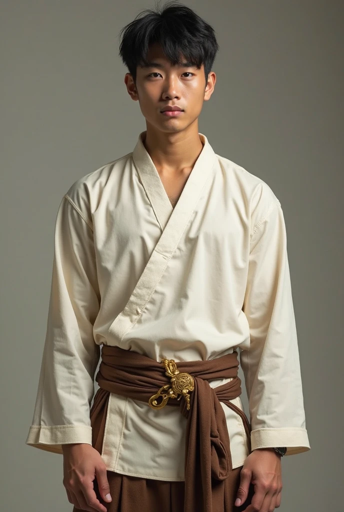 boy is dressed in simple traditional colosal clothing, with muted colors and no accessories. looking pensive and sad , colosal place background