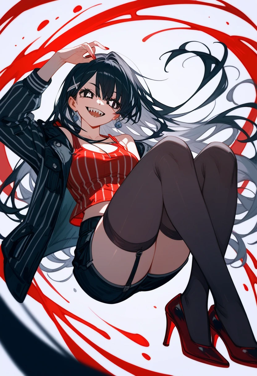 Strong quality with clear details, one girl, sitting on a desk at school, long black hair, red eyes, beautiful face, perfect and seductive body, plump thighs, black school clothes, red tie, black mid-thigh stockings, short skirt, breasts slightly larger than average, perfect body, cute, blushing cheeks, natural and flawless image