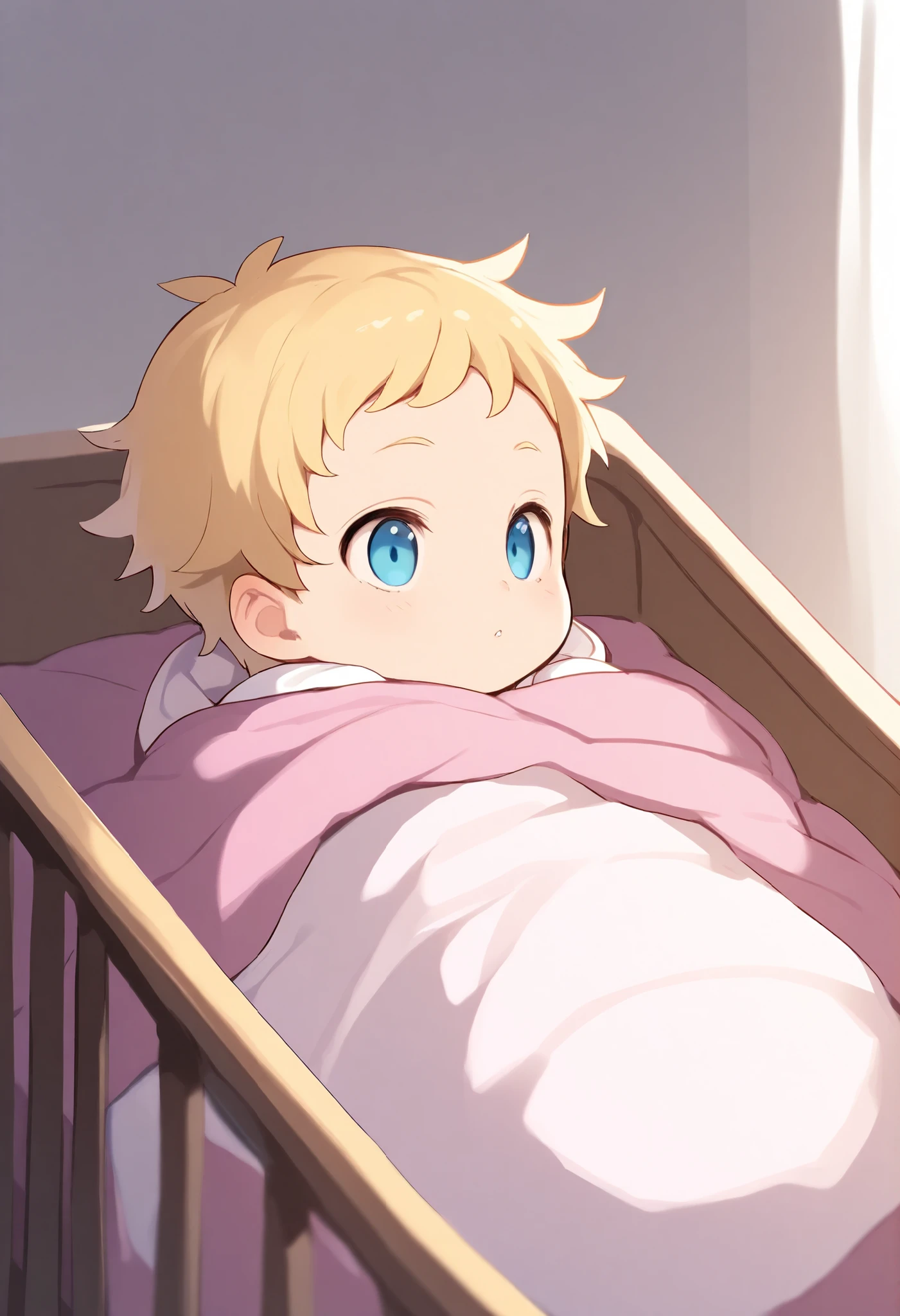masterpiece , best quality , 1boy , solo , blonde hair , blue eyes , Baby, Symmetrical Eyes, crib