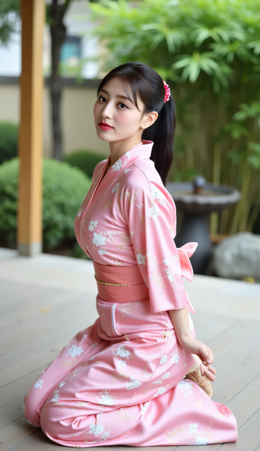 a beautiful woman, kneeling on the porch of the house, Japanese home garden background with bamboo fountain, body facing straight to camera, head looking up, Using long kimono material satin color pink floral print, using blindfold pink color, black hair tied ponytail, both hands tied behind the body, payudara besar, bibir merah