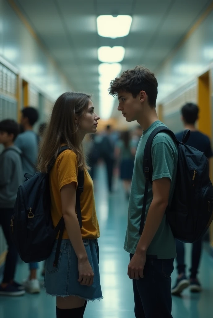 Create best picture of two close friends, a boy and girl, in a school setting. The boy is telling the girl that he loves her, and she is smiling back, making him happy. But also show that the girl has feelings for another boy, maybe by having her glance at a different boy in the background.”

