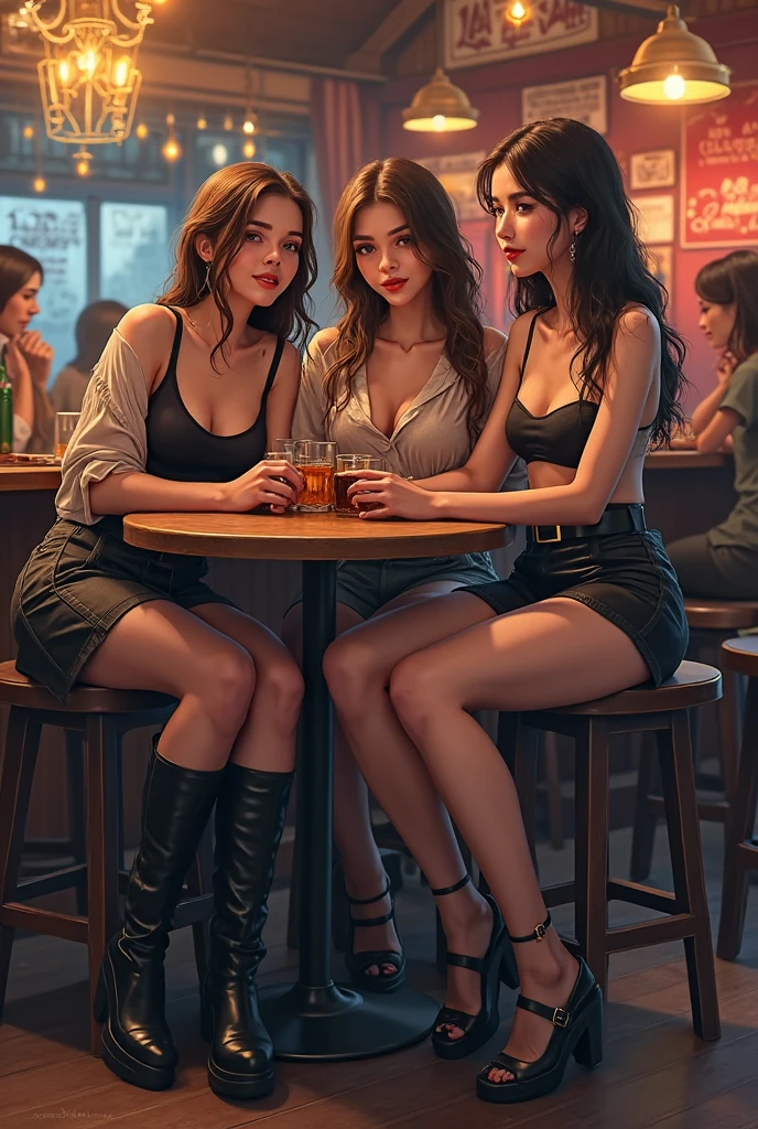 there are Two women sitting at a table with one men standing behind them, women's attractive eyes are looking backside of the men. drinking beer, drinking a beer, drinking alcohol, sky high level of alcoholism, in a bar, drinking at the bar, holding beer, drinking and smoking, in a pub, with a drink, alcohol