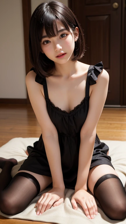 there is a woman sitting on the floor taking a photo, She has black hair with bangs, cruel korean gothic girl, gothic girl aesthetic, gothic aesthetic, 1 gothic girl of 21 years old, seductive and provocative pose, with black hair, the girl is crouching, pale gothic beauty