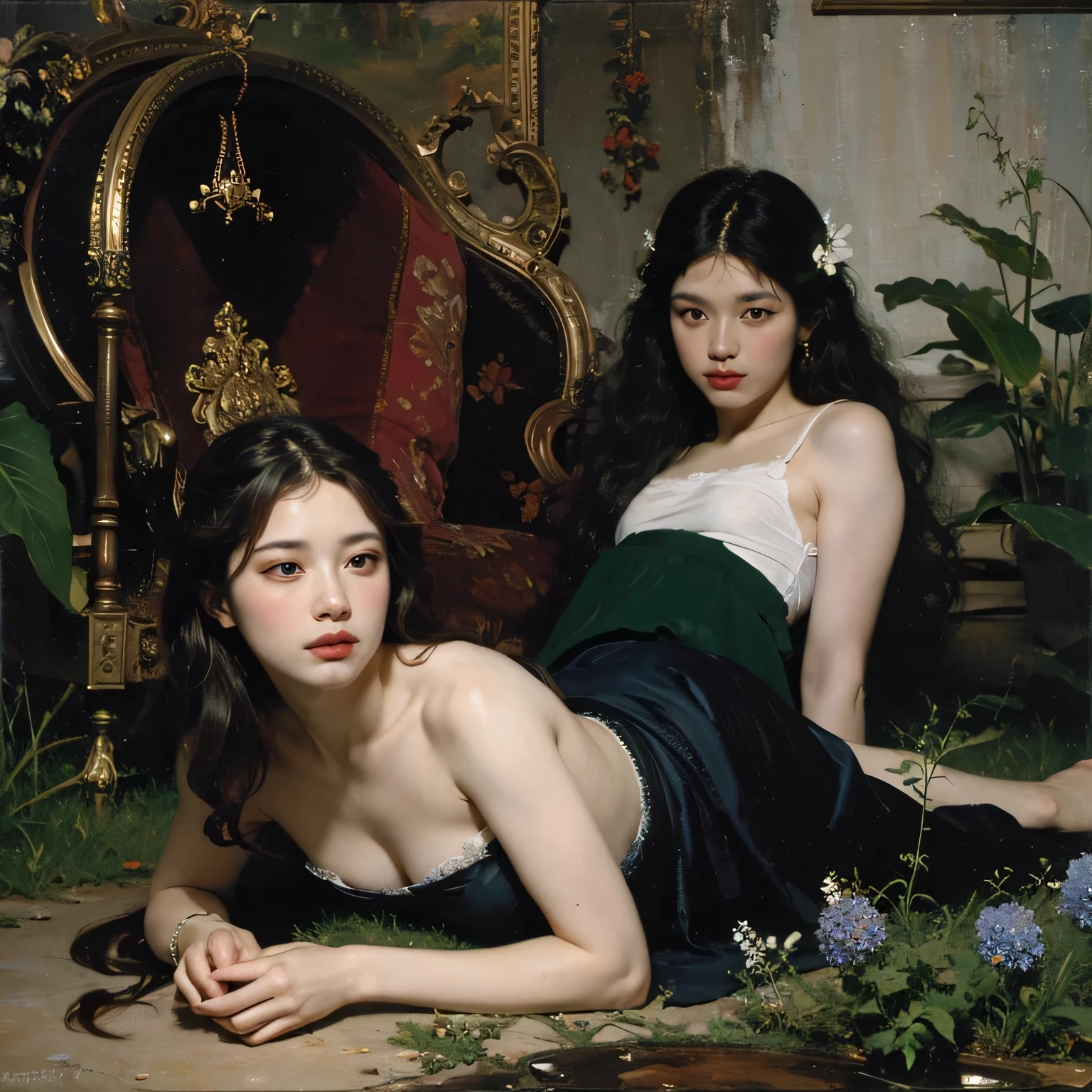 Giorgione painting style,Barbizon forest A beautiful woman in Greek dress smiles on the shore,Sweet and seductive appearance.、Caravaggio's paintings、Chiaroscuro of Caravaggio、hair tousled by the wind,Two women frolicking,cute smile, expression of ecstasy,Sexy,erotic, full body portrait