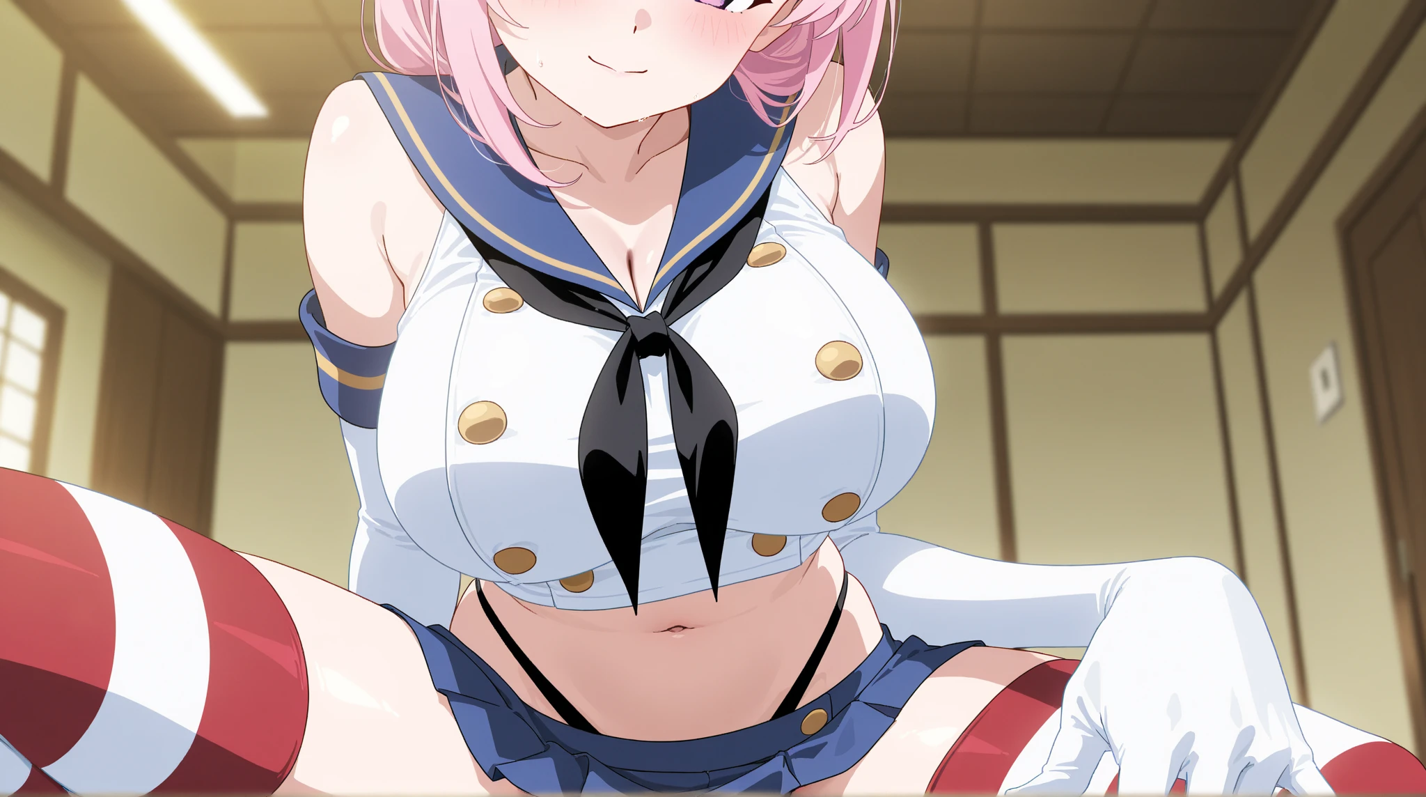 (Perfect body),Best Quality,16 K、masuter piece、(Blue and white dress)、sleeve less、(a miniskirt)、White panty、(((blush)))、:D、I have my mouth wide open、Surprised、Wavy mouth、Tsuriformes、((asymmetrical bangs))、Forehead、(short-hair)、(((bob cuts)))、(Pink eyes),((Pink hair)),(Sweat)、((Yellow tie))、(blue hairband)、(Big ass)、huge-breasted、(((thick thighs)))、spreading legs、Light blue striped panties、From below、Armpits、(Inside the spaceship)、