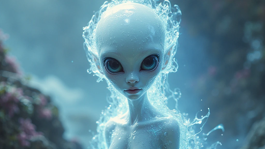 (indistinguishable from reality:1.4) girl looking at (scifi fish) with purple light in aquarium, (hands on glass), focus on hands, see-through fishs Light Yellow <lora:GelatinTech:1.4>, twisted, weird, laughing like crazy, (((big eyes))), art in tim burton style