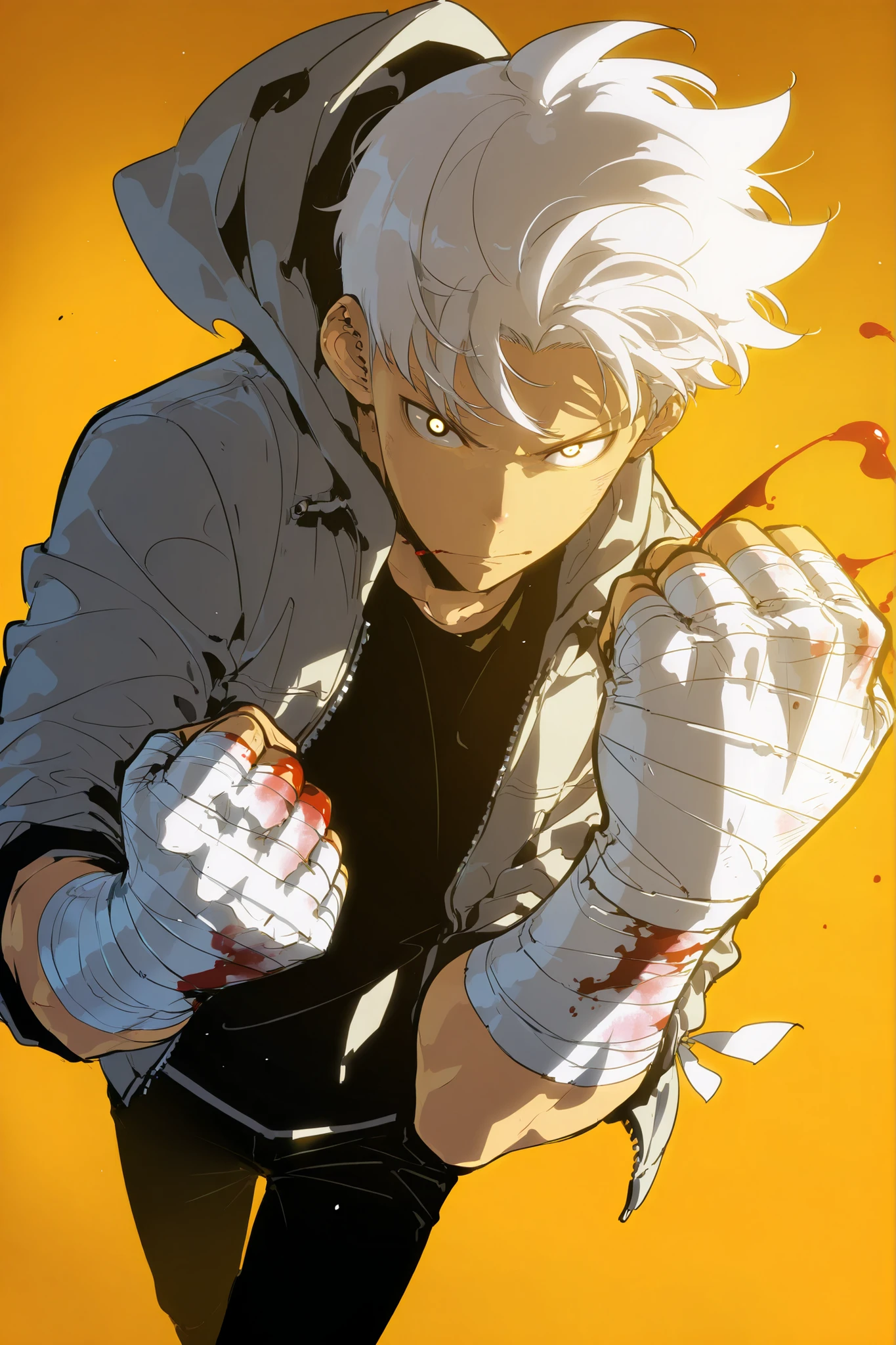 Handsome, Athletic, alone, male, Short spicky hair, long white hair, black orange eye, black shirt, white orange and black unzipped hoodie with rolled up sleeves, black pants, , intricate sketch, expressive eyes nose and mouth, simple pose, clench fist, blood on his fists , perfect Anatomy , ripped, Wraps bandages on his fist , hand perspective , dutch angle, wraps bandage on his fist