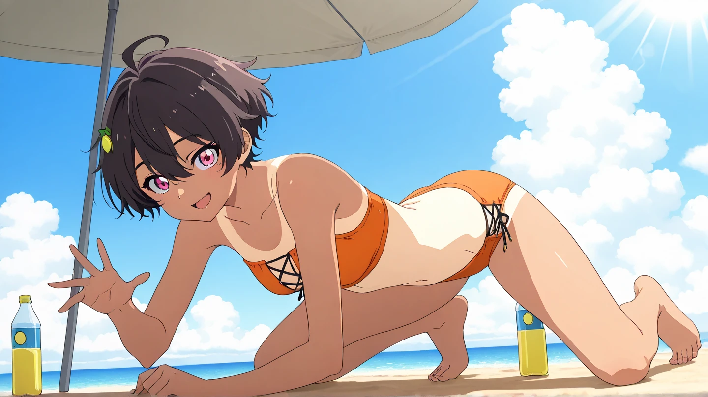 1girl, highleg panties,
ass, beach,, masterpiece, best quality, highly detailed, short brown hair, pink detailing eyes,