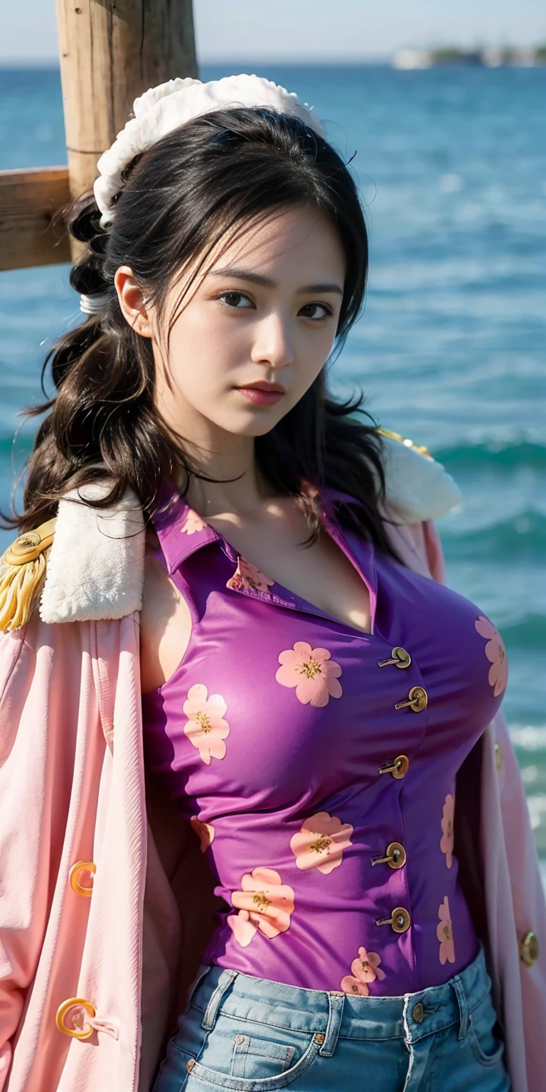 a person with long hair, red kimono, boa hancock, boa hancock from anime one piece, as an anime character, perfect anime face, she has black hair with bangs, female anime character, anime character, anime best girl, hime cut hairstyle, black hair, (red glossy lips:1.3), blue eyes, smile, sea background, (beautiful face:1.3), Fighter pose