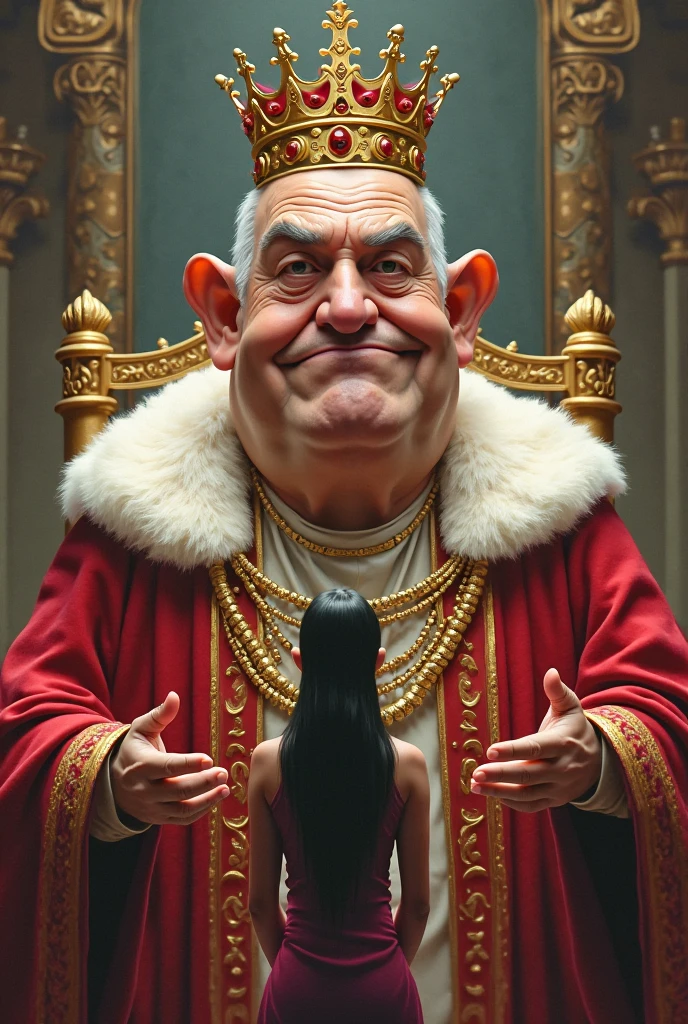 (cartoon:1.25) of a (short fat king sitting on a throne), laughing, big mouth, eyes closed, crown, white hair, textured skin, pores, (moles:0.7), detailed, lifelike, texture, real, (dusk:1.3), green theme, dark fantasy, jester, scepter, stone, fireplace