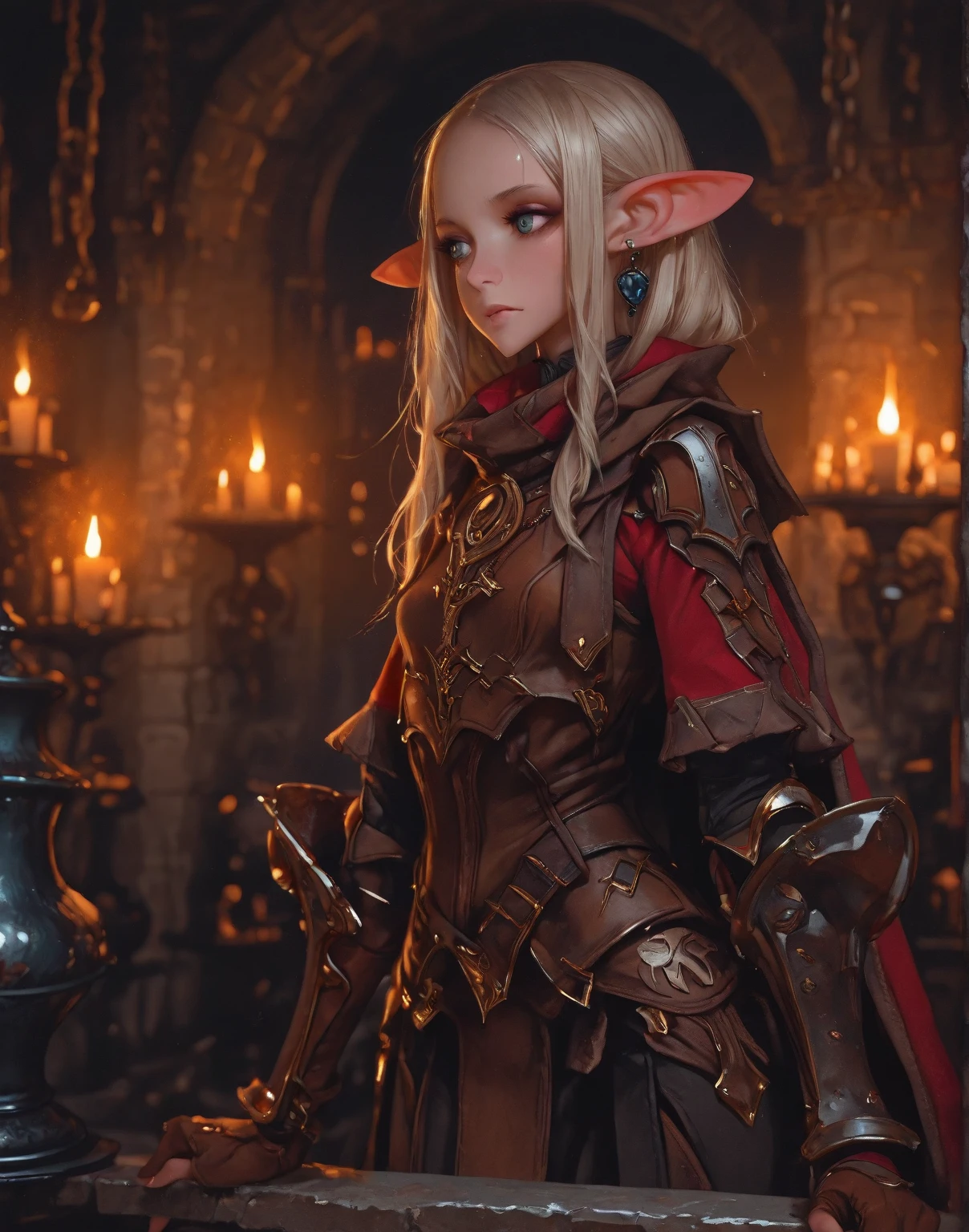 (Ultra-detailed face, looking away, Fantasy Illustration with Gothic, Ukiyo-e, Comic Art, Rich colors), 
BREAK 
(This is the site of an ancient giant tribe cemetery. A temple made of huge stones stands here. Ivy wraps around the crumbling stone walls and stone pillars.), 
BREAK 
(DarkElves: A middle-aged dark elf woman with silver color hair, blunt bangs, very long disheveled hair and dark purple color skin, lavender color eyes), 
BREAK 
(A female dark elf cleric wears armor with a red-bronze breastplate with reliefs and boots decorated with silver crosses.), 
BREAK 
(Under the light of the red moon at midnight, the dark elfess cleric thrusts her long sword in her right hand toward the sky and roars as she looks up at the sky. Multiple trails of rings of light swirl around her, and a pale aura of fire emanates from her body.)