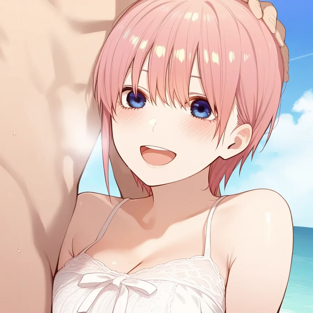 NSFW,masterpiece,Highest quality,High resolution,Very detailed,Shikimori-san\(可愛いだけじゃないShikimori-san\),Pink Hair、ponytail、Long Hair、blue eyes、Braid、Hair between the eyes、bangs,blush,(High-quality halter bikini),Palm tree,beach,Rock Shade,(Young men),Molester,sexual harassment,Grab your chest,to kiss