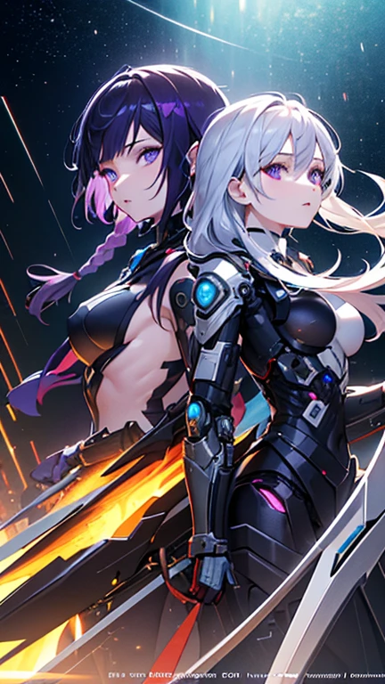 ((Masterpiece, top quality, high resolution)), ((highly detailed CG unified 8K wallpaper)), (huge stunning goddess shot, very hot and sexy, jaw-dropping beauty, perfect proportions, beautiful body, slim body beauty:1.1), cryptic girl, (2 Girls ,Black clothes, White clothes, Black Hair, purple hair, fight side by side), (A girl with long silver hair in a braid and short black hair), biomechanical oppai, cybersuits, wearing shiny breastplate, nanogirlv 2, shiny plastic armor, oppai cyberpunk, twintails white_gloves, shiny hi tech armor, black-white skintight suits, wearing techwear and armor, black shiny armor, Armor on bare skin, long gloves, Bare shoulders, black miniskirt, thighs, shiny armor, big eyes staring at the camera in a dynamic pose.