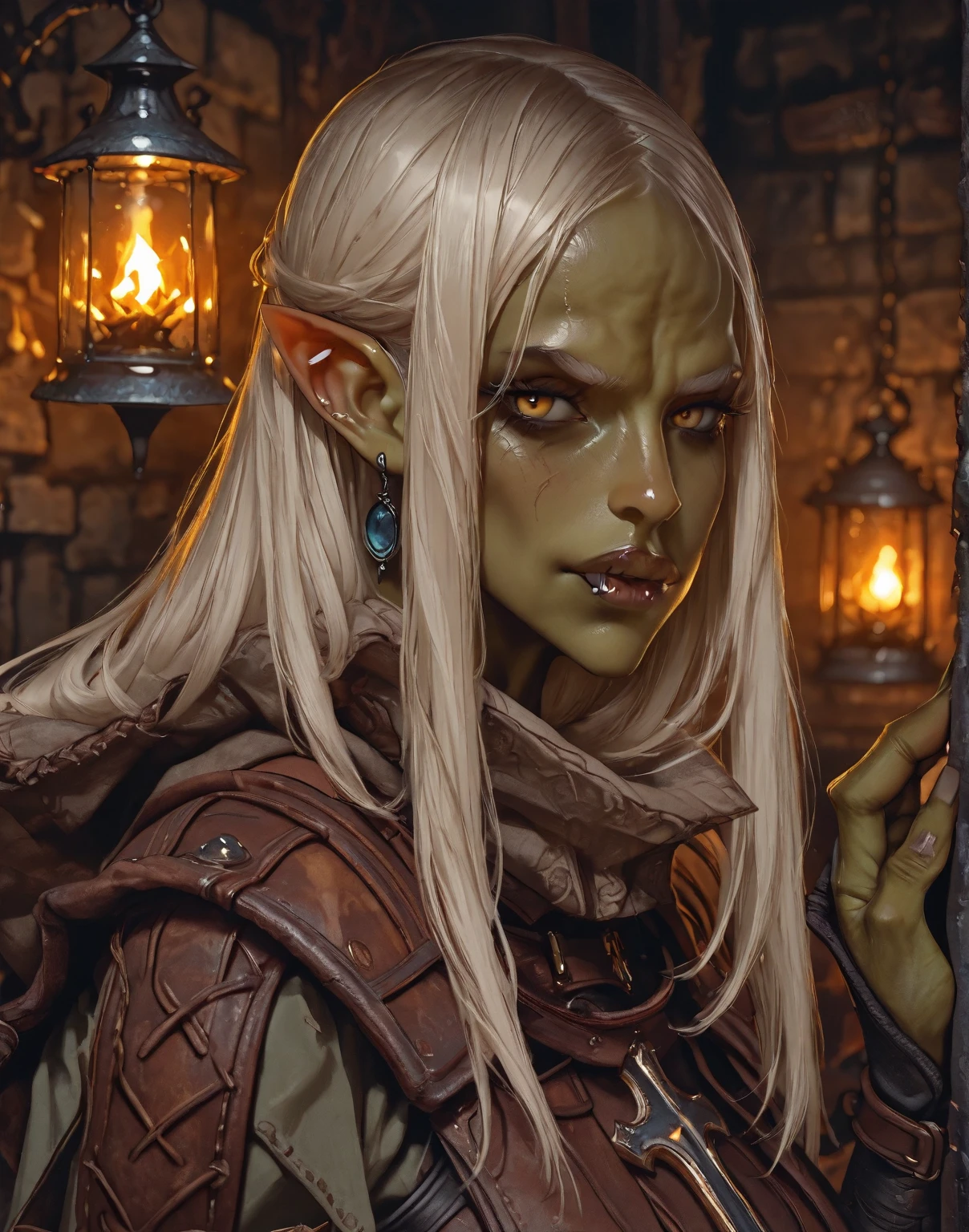 Overgrown hell life, orc priestess Vunxia, cracked skin, green skin, black veins, black blood,