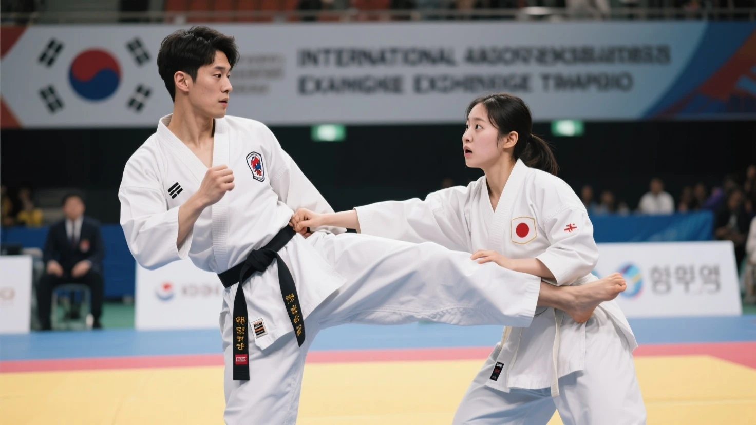 Taekwondo boy lets sparring girl lick his feet