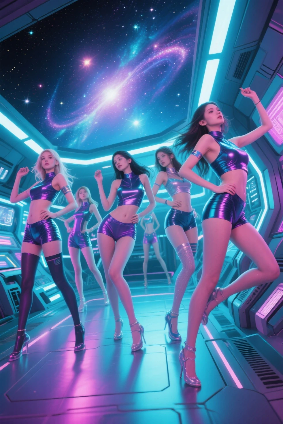 highest quality、surreal、perfect anatomy、crowded downtown area、Wet and shiny white skin、model body shape、Sweat dripping all over the body、Super small face、Ahegao、Cleavage、Cyberpunk City、Urban Tech Wear、pink、black、Silver、Money、Rainbow Hair、