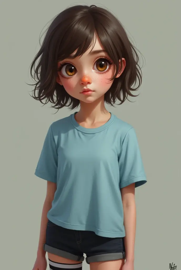 Realist woman, short, short wavy hair, Brown eyes, splattered nose, light blue t-shirt, short short, black socks with white stripes