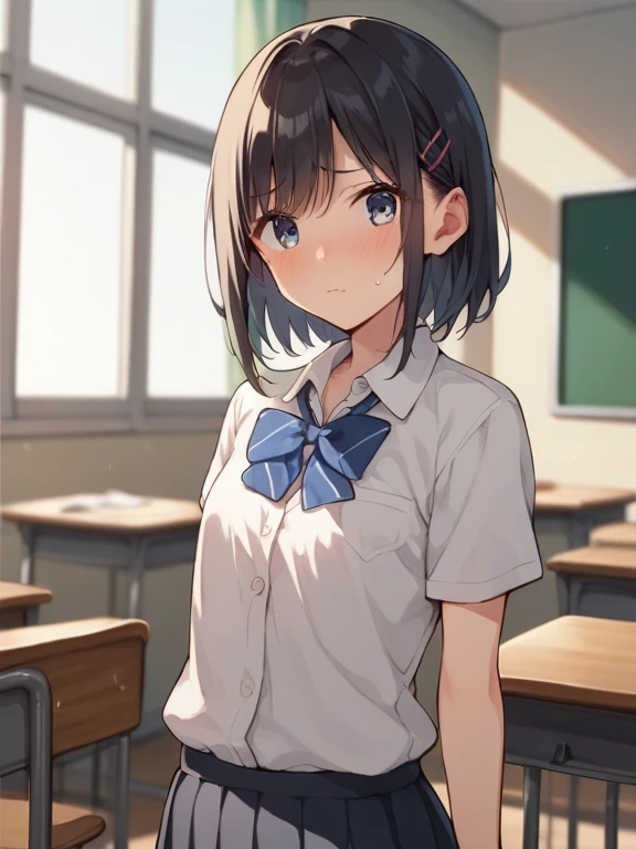 ((masterpiece,Highest quality:1.3,best quality illustration)),cowboy shot,独奏,1woman,16 year old beauty、black hair,short bob hair,bangs,black eyes,(gorgeous big eyes),((very small head:1.3)),sad,tears,((skinny:1.2)),((tan skin:1.4)),small breasts,(School student uniform、Short sleeve collared shirt、Blue ribbon tie、Blue mini skirt),gleaming skin,oily skin,slender body,sweat,peeing,standing,classroom、School、Tokyo、nsfw,