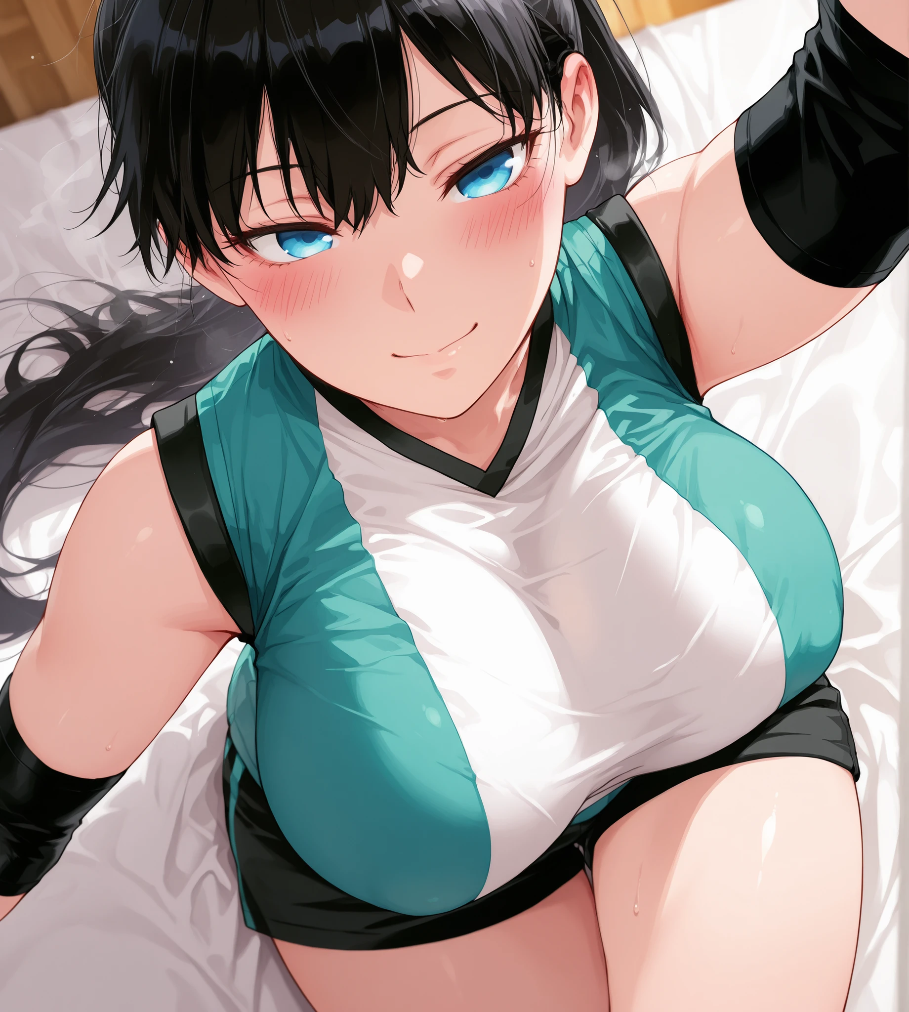 toudouakira, black hair, high ponytail, blue eyes, long hair, Big saggy breasts,volleyball uniform, black shorts, sleeveless,elbow pad, knee pads,details, hd,8k, perfect, absurd, magnific., little blush,perfect,kind eyes, thicc thighs,,background details, blush, smile volleyball,,kind gaze, serious, details, sensual, romantic gaze, blush, bed, sheet