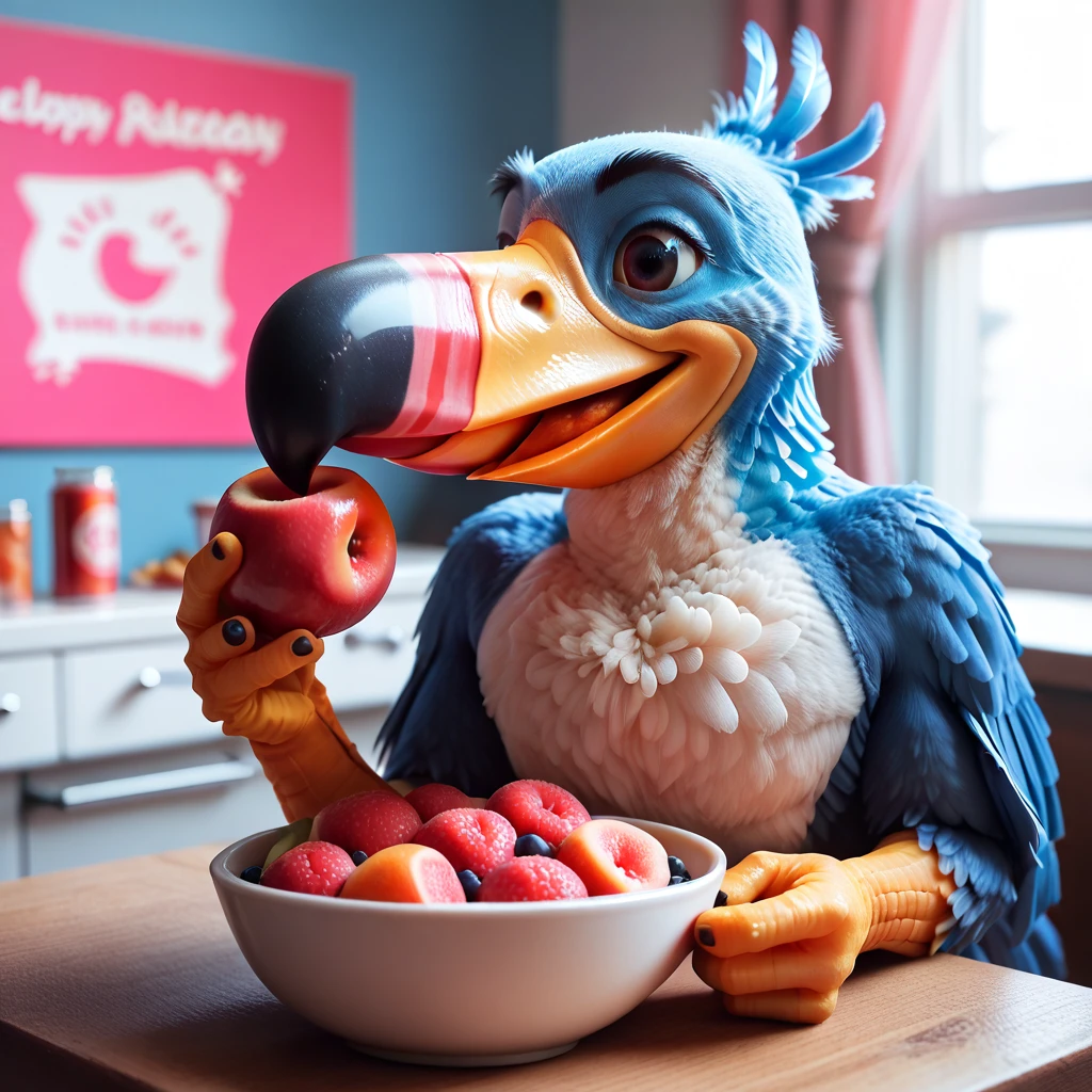 "Toucan Sam", blue toucan bird, white chest, (red and pink stripe on beak: 1.0), (black tip of beak 1.5), eating a bowl of fruit shaped as loops, 