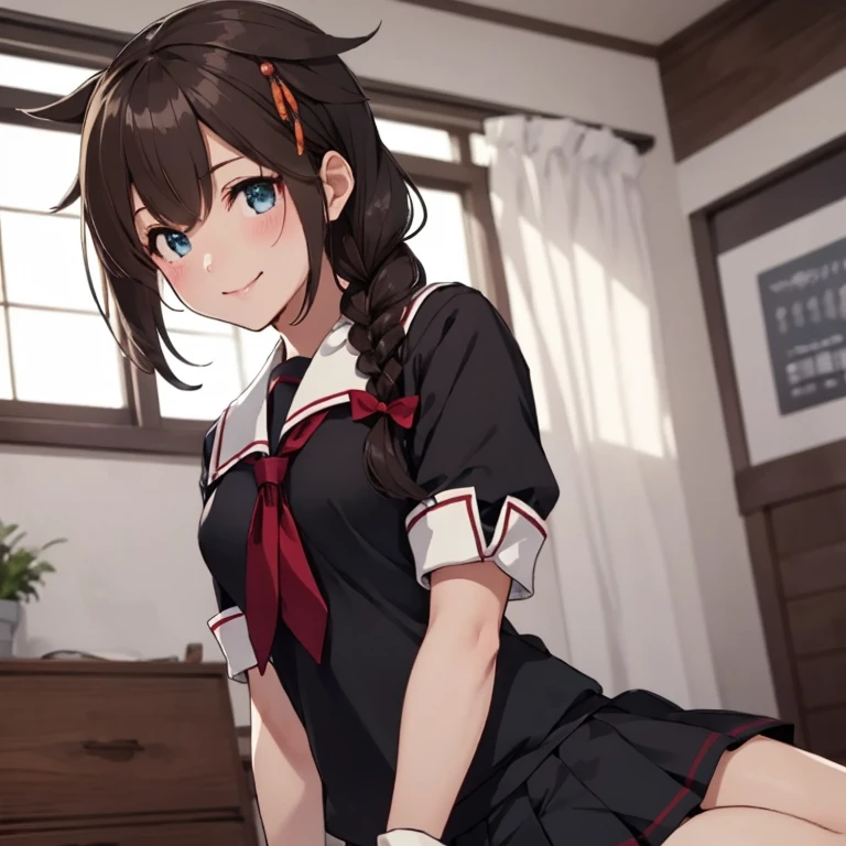 (masterpiece, best quality:1.2),illustration,8k,hd,1girl,solo,upper body,(portrait:1.2),long hair, single braid, black serafuku, black , pleated skirt, 　shigure, ahoge, brown hair, blue eyes, braid, hair ornament, hair over shoulder, long hair, single braid, hair flaps,　black gloves, black serafuku, black shirt, black skirt, fingerless gloves, gloves, neckerchief, pleated skirt, red neckerchief, sailor collar, , serafuku, shirt, skirt, white sailor collar、white panties、13 year old girl