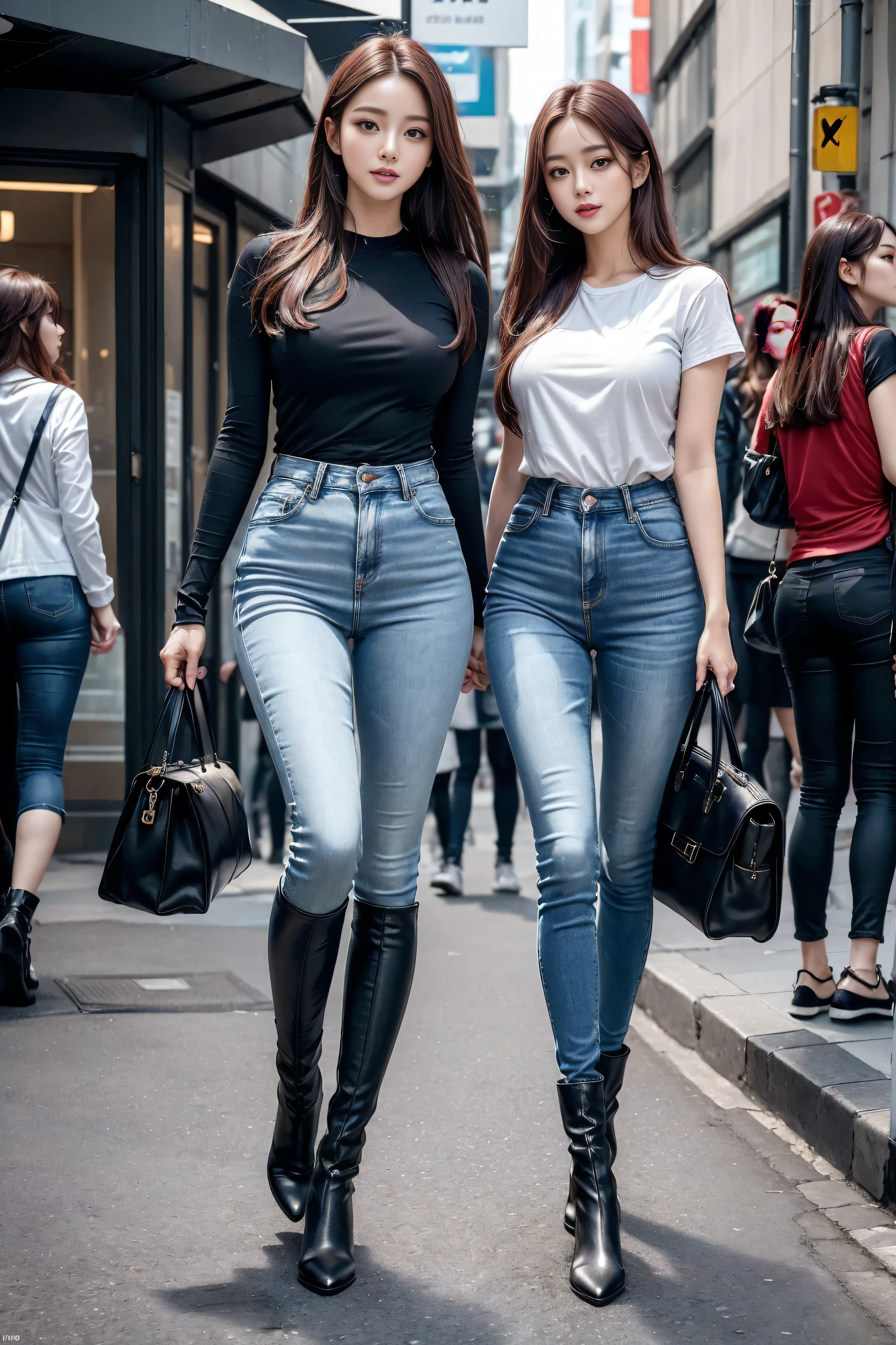 ((Realistic lighting, best quality, 8K, masterpiece:1.3)), Lock focus:1.2, Beautiful woman with perfect figure:1.4, 3 beautiful Korean girls, Korean pop idol,Leg length,(Pale skin), (big eyes),(Smile:0.8),(Plump and sexy lips), Complex and detailed face, ((Super delicate skin)),Delicate face,Ultra-thin face,Fine Eyes,Double eyelids,((Dark red hair)), (White lace underwear:1.4),Background Shibuya street,Large depth of field,Ultra-thin face,Fine Eyes,Double eyelids,(Start from below:1.attitude,(Mid-chest:1.2),Sexy long legs, (Thigh gap:1.5),Wide hips,S-Shaped Body, Hips lifted,Leg length,Light blue skinny jeans,Full body proportions from the front,Over-the-knee leather boots,