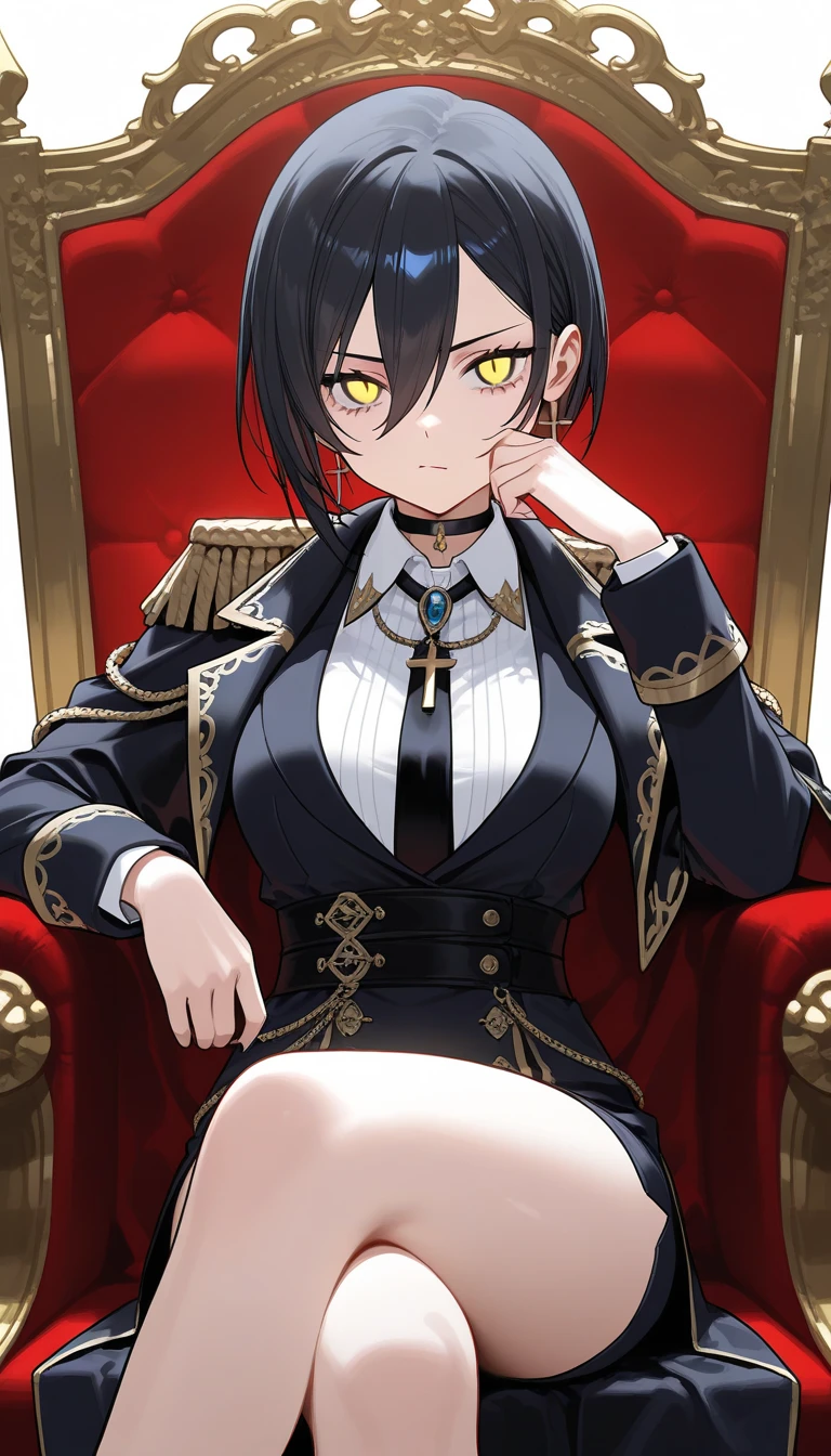 uma mulher bonita e seductiv com o rosto da imagem de referência, sitting on an ornate throne chair, wearing a black military uniform, highy detailed, 8K, Masterpiece artwork, cinematic lighting, dramatic pose, Bright dark, details Intricate, rich colors , chic, majestic, seductiv, mighty