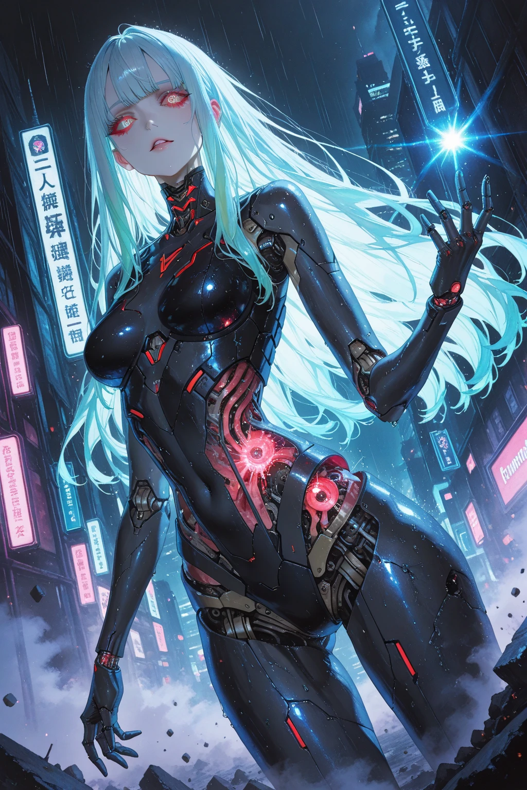 translucent skin, bone, spine, mechanical parts, white skin, blue skin, 1girl, blue eyes, grey hair, long hair, hair ornament, black hairband, green thighhighs,, absurdres, ultra detailed, masterpiece, best quality, aesthetic, detailed,