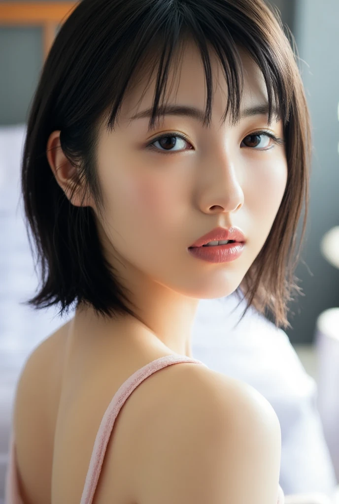(High resolution:1.3), (16k, Photorealistic, Raw photo, Best image quality: 1.4), Japanese, (One Girl), Beautiful Face, (A vivid face), (Black-haired、short hair:1.3), Beautiful Hairstyles, Realistic eyes, Beautifully detailed eyes, (Realistic Skin), Beautiful skins, attractive, 超A high resolution, Surreal, High detail, Golden Ratio, Highly detailed cute girl,(20-year-old), ((Completely naked)), (Grab your chest:1.2)