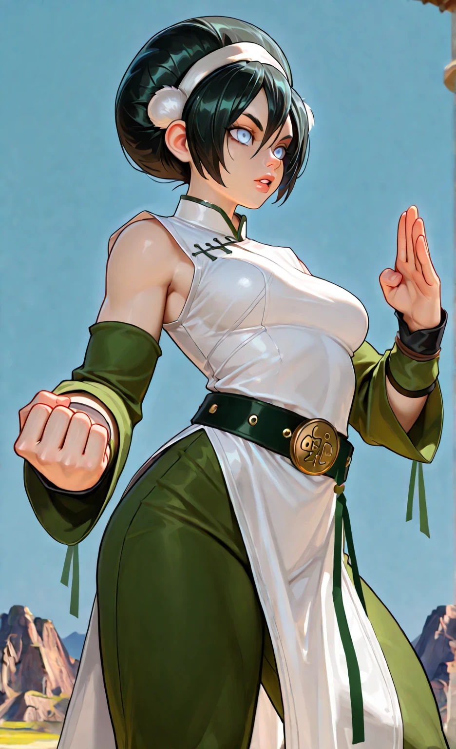 ((toph beifong)), ((masterpiece)), ((high resolution)), ((solo portrait)), {(attractive figure), (medium breasts), (beautiful legs), (lush lips), (black hair), (bangs), (pale blue eyes), (parted lips)}, {(qipao style collar), (green sleeves), (white dress), (thigh curtain), (green pants), (large black belt)}, {(wide kung fu stance), (closed fists), (looking ahead)}, ((blue sky)), ((mountains))