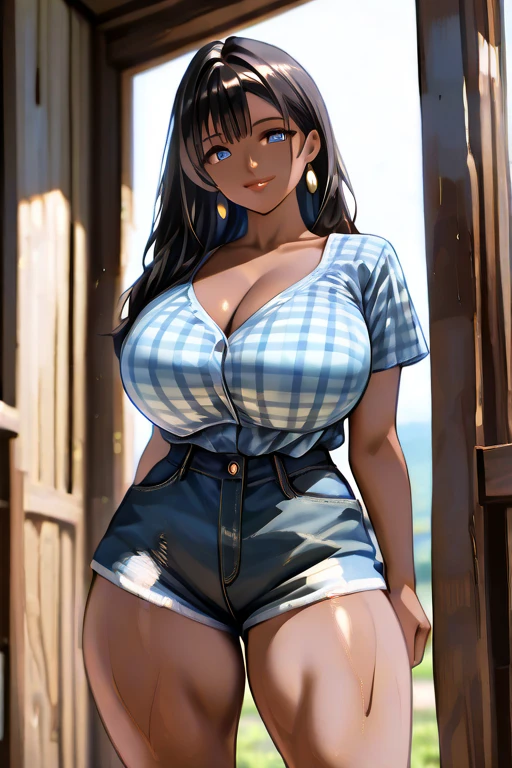 ((NSFW 10.0)) girl, milf, glasses, voluptuous, chubby, in public, market, one breast out, revealed by self, pulling shirt up, open bra, one eye closed, smiling, looking at viewer, casual clothes, tight denim shorts, winking, inviting