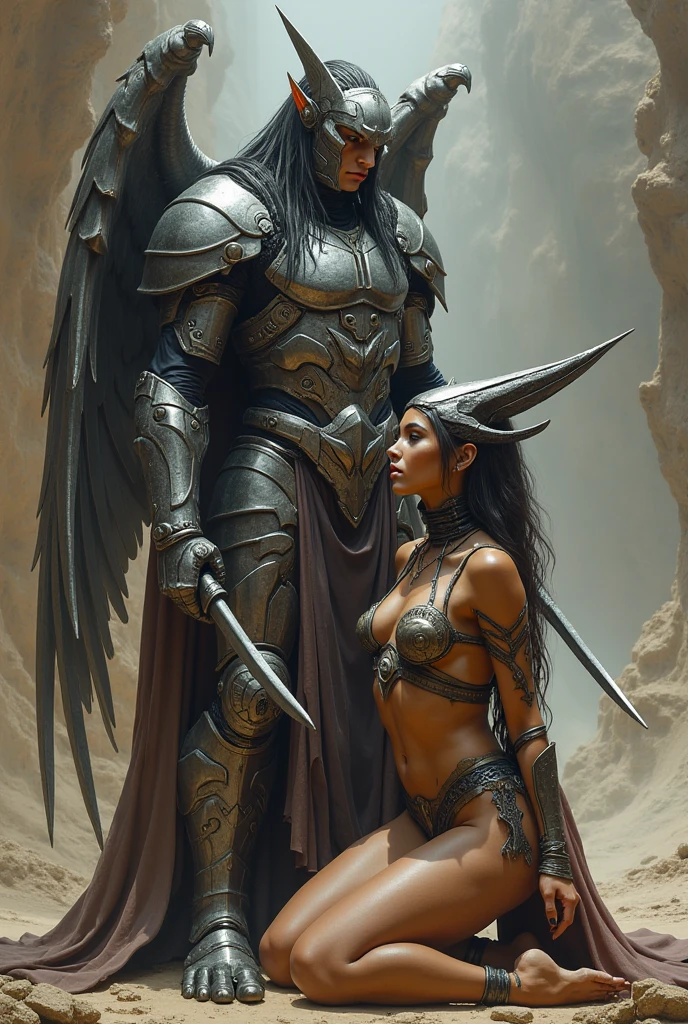 Female grey warrior gargoyle, greek statue-like aesthetics with wings, full body