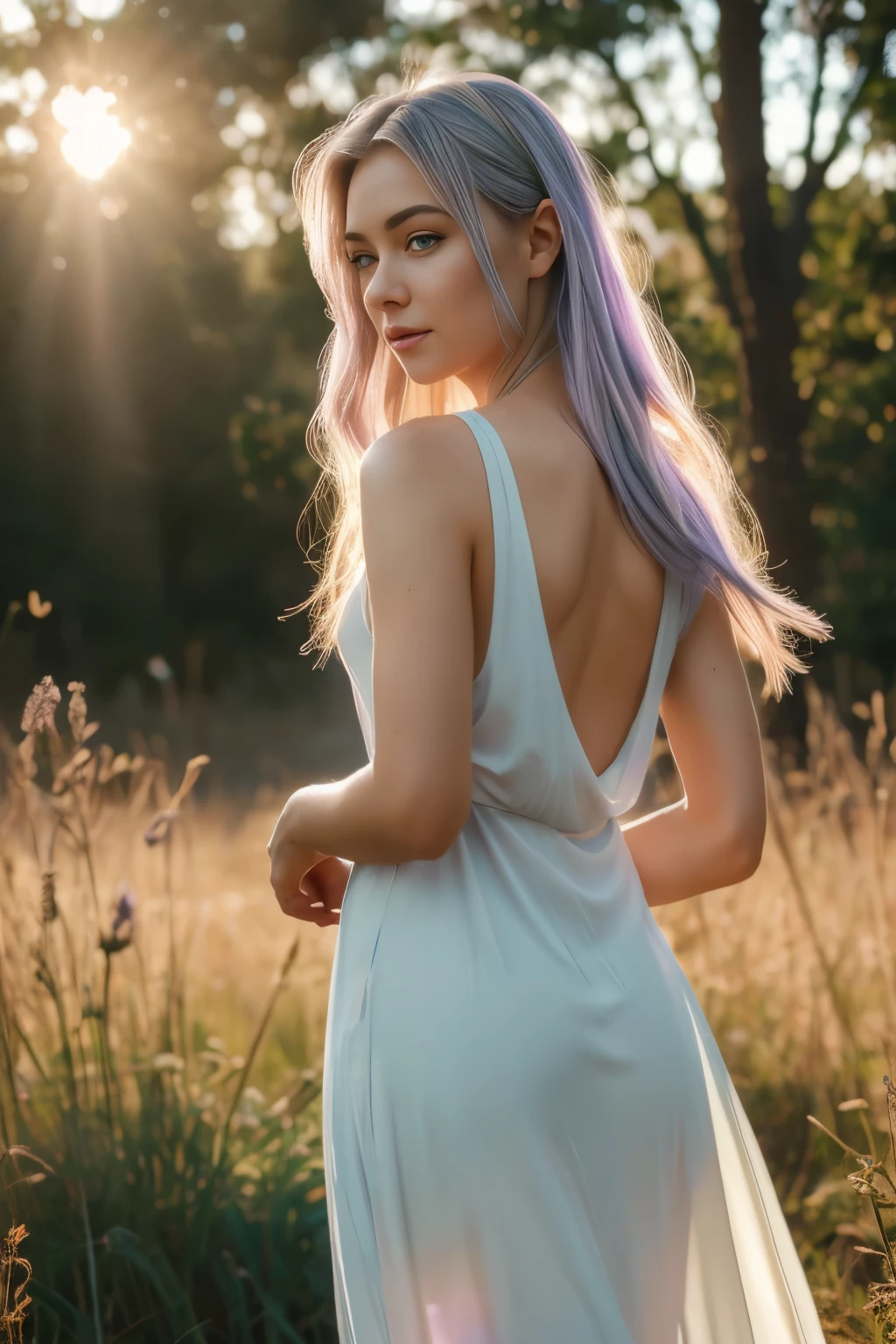 (Masterpiece.UHD.photorealistic.) ((full body)) an ultra hot gorgeous European woman. Age 23. Long light blue-haired, beautiful detailed eyes,beautiful detailed full lips, epic cleavage. ((100 DD size)). Voluptuous hourglass body. Gorgeous round baby face.extremely detailed eyes and face,long eyelashes, sensual pose.intricate details, cinematic lighting, dramatic lighting, warm color tones, glowing skin, detailed clothing, elegant pose, serene expression, walking in a garden, detailed background, lush garden, blooming flowers, sunlight filtering through trees.